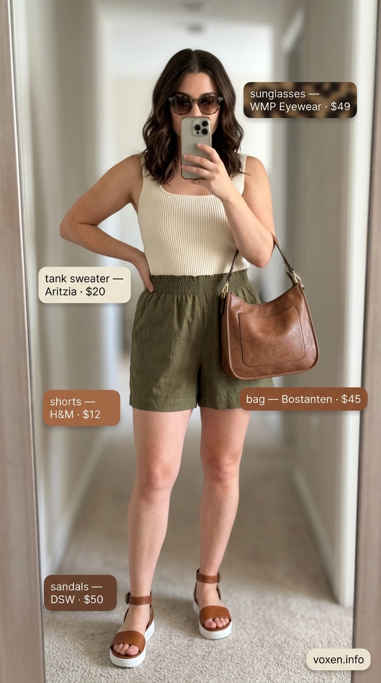 Greek island summer outfits for women 2026: Olive linen shorts, cream tank, flat sandals for Crete exploration.