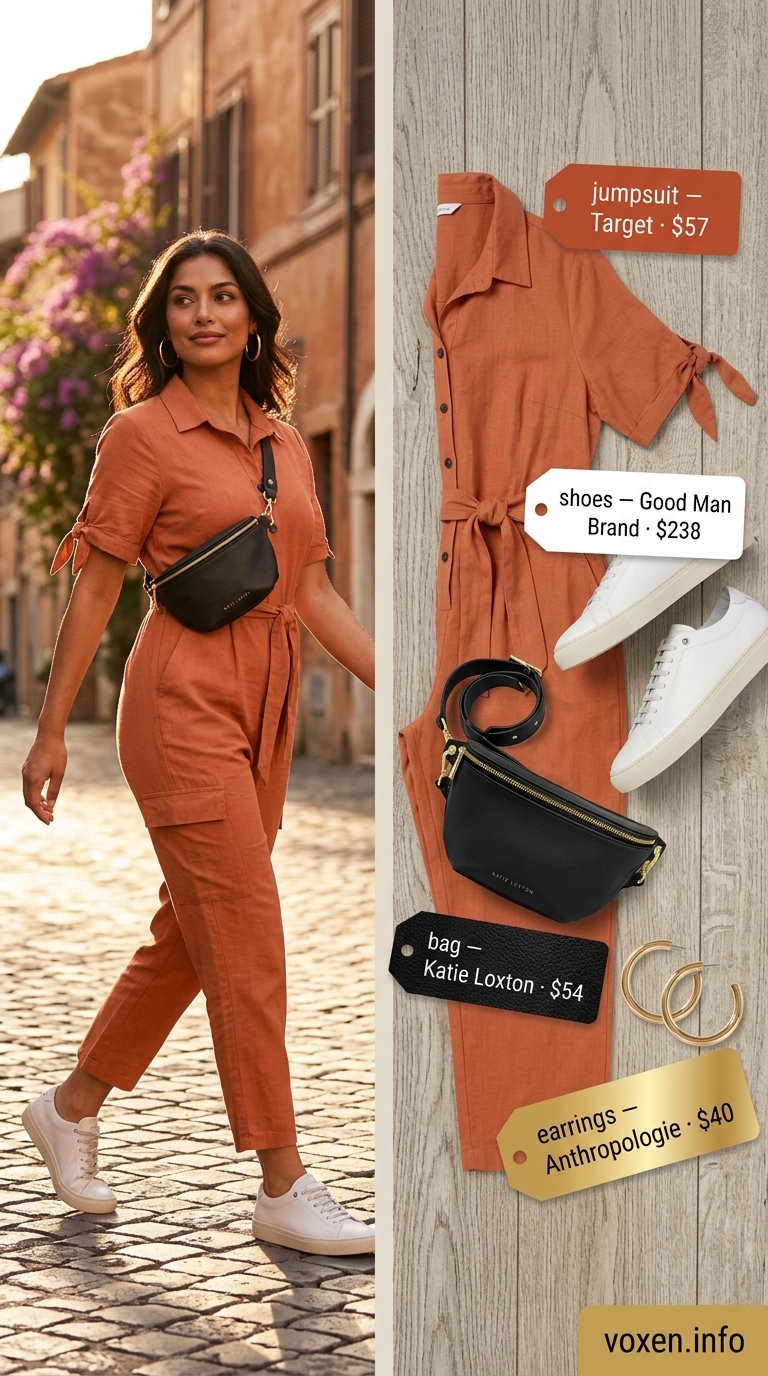 Greek island summer outfits for women 2026: Terracotta utility jumpsuit, white sneakers, belt bag for island hopping.