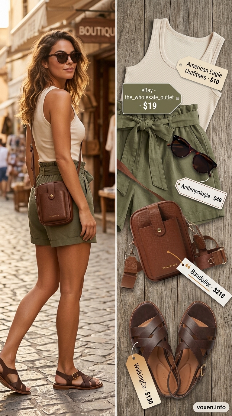 Greek island summer outfits for women 2026: Olive linen shorts, cream tank, crossbody bag for market exploration.