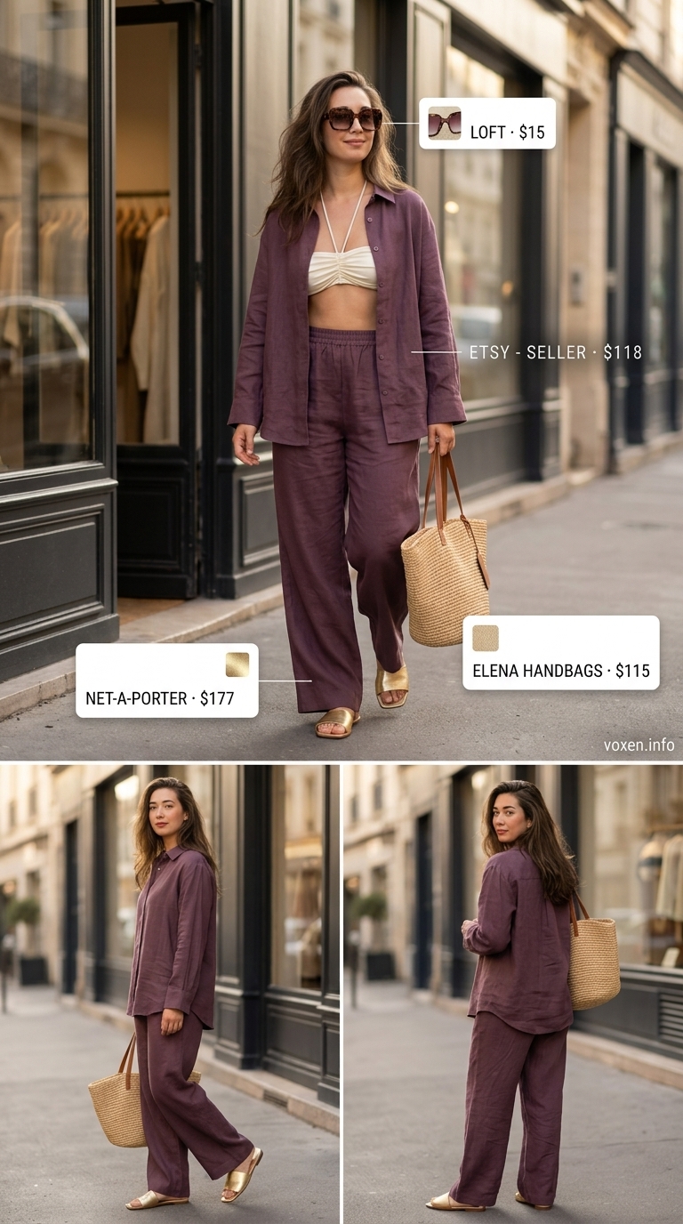 Greek island summer outfits for women 2026: Beige linen co-ord set, gold slides, straw tote for poolside luxe.