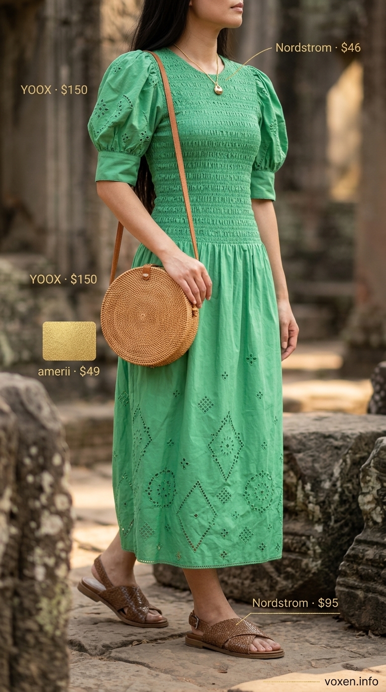 Greek island summer outfits for women 2026: Sage green broderie anglaise dress, woven sandals, straw bag for ruins.