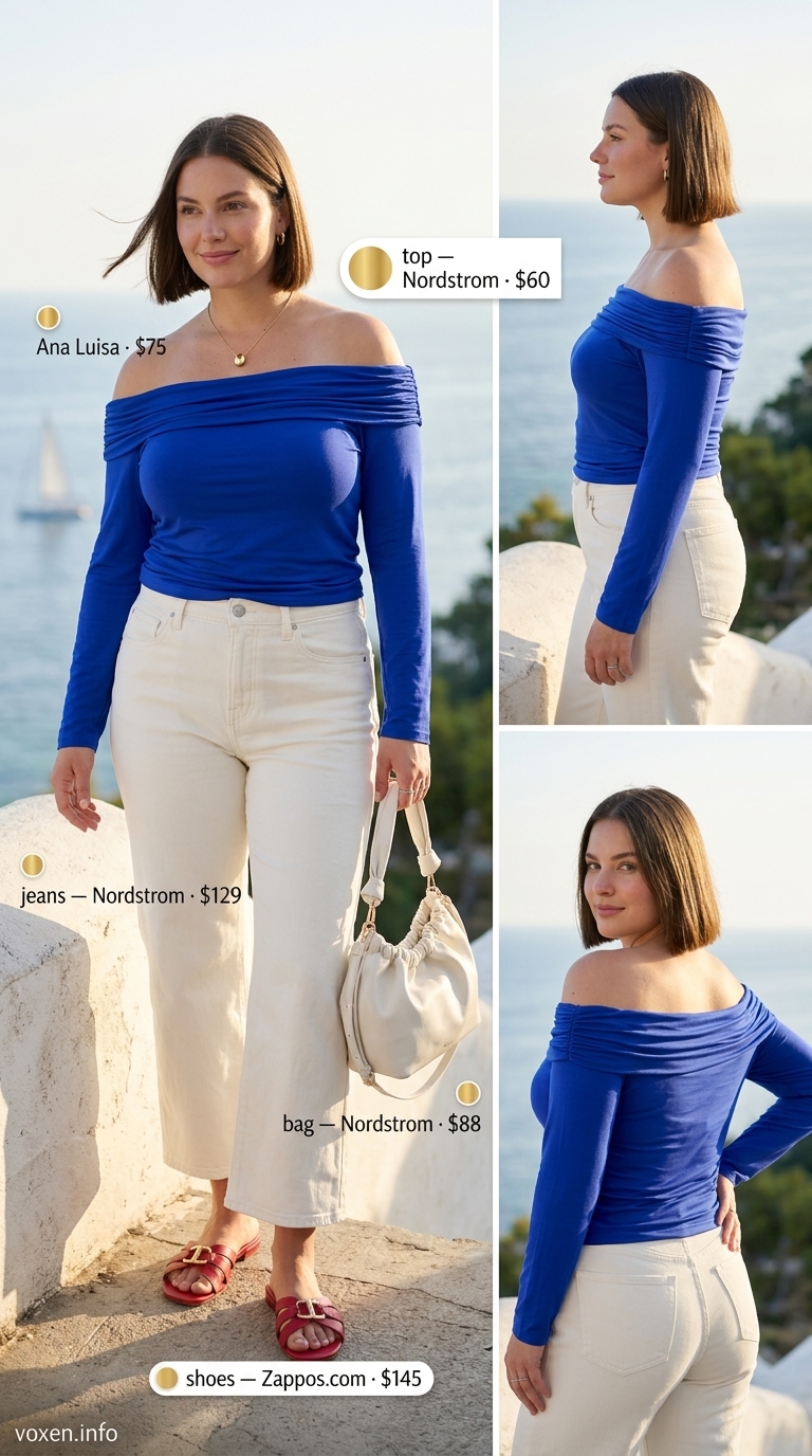 Greek island summer outfits for women 2026: Cobalt blue crop top, white jeans, red sandals for sunset casual.