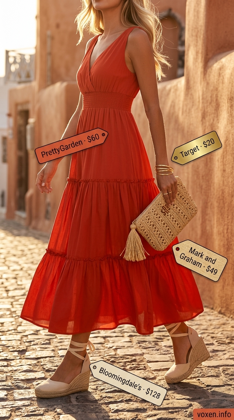 Greek island summer outfits for women 2026: Terracotta maxi dress, espadrille wedges, raffia clutch for sunset dinner.