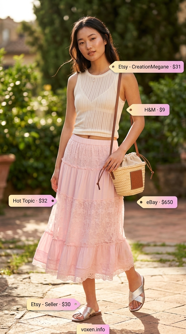 Greek island summer outfits for women 2026: Pink tiered midi skirt, ivory tank, silver sandals for garden lunch.