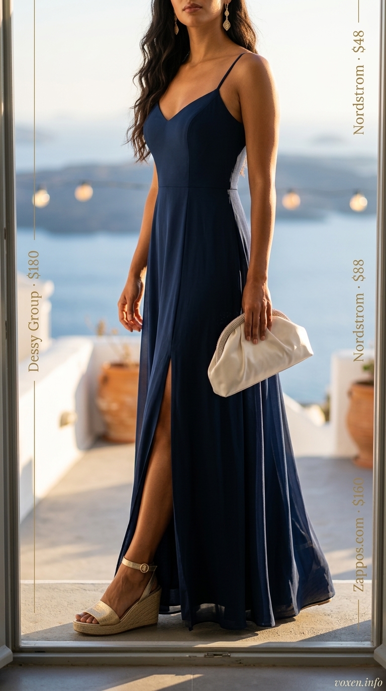 Greek island summer outfits for women 2026: Navy maxi dress, gold statement earrings for upscale dinner.