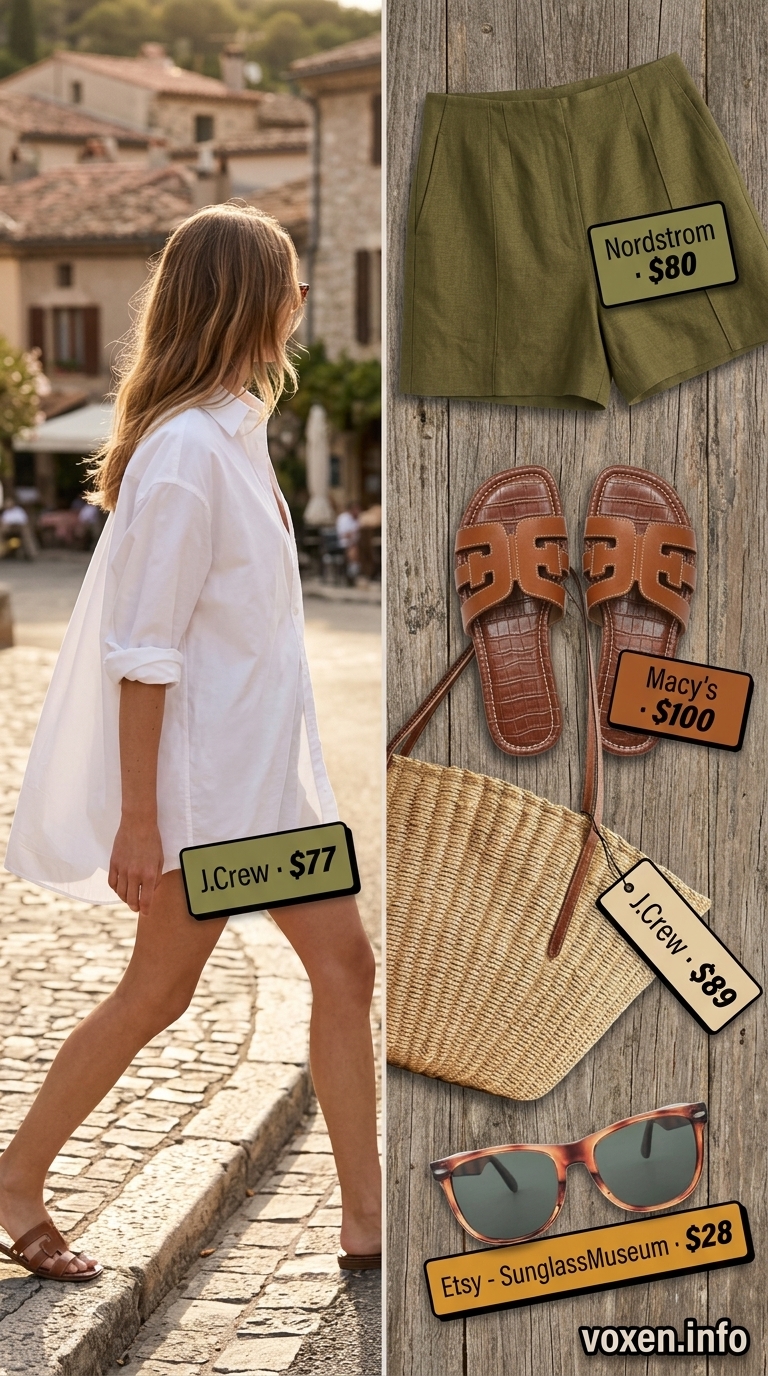 Greek island summer outfits for women 2026: Olive green linen shorts, white shirt, straw tote for market.