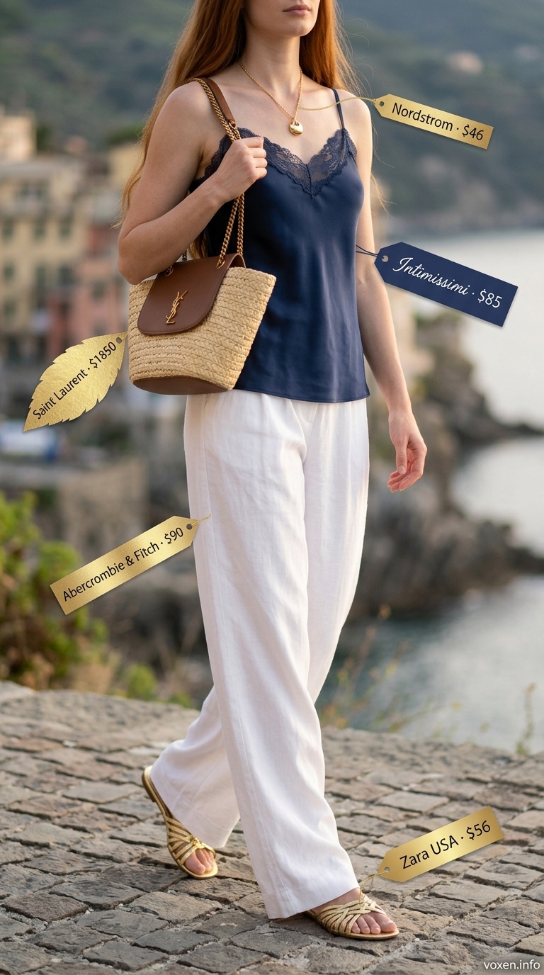 Greek island summer outfits for women 2026: White wide-leg linen pants, blue lace cami, gold necklace for sunset stroll.