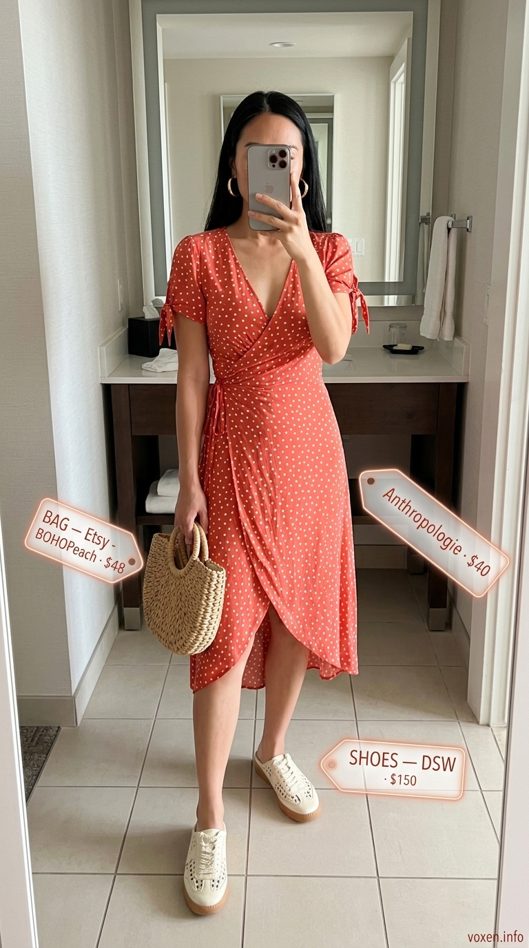 Greek island summer outfits for women 2026: Coral mini dress with puff sleeves for a Paros beach club day. Playful resort glam!