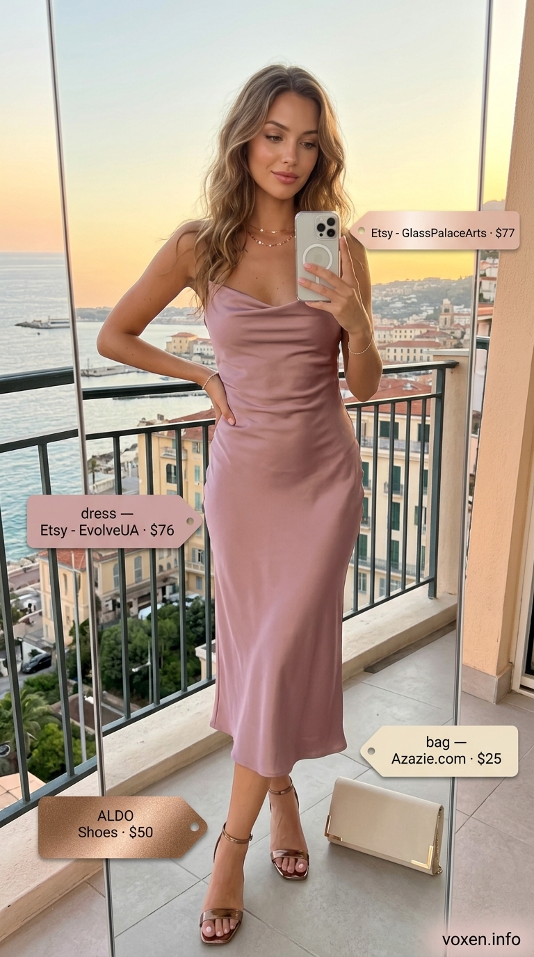Greek island summer outfits for women 2026: Dusty rose silk slip dress for Zakynthos romantic sunset. Elegant and sensual!