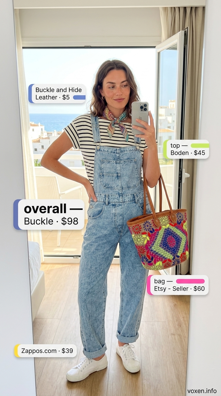 Greek island summer outfits for women 2026: Indigo denim overalls for Sifnos artisan escape. Creative and casual!