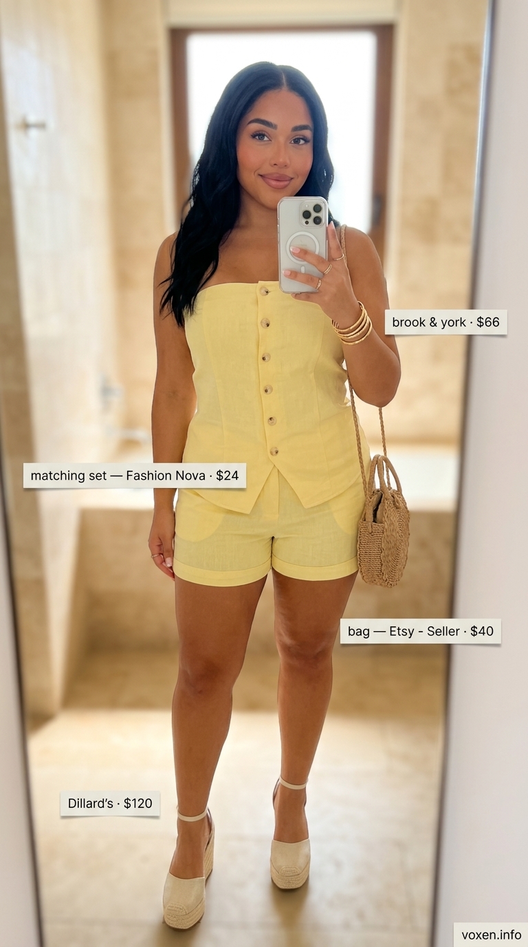 Greek island summer outfits for women 2026: Lemon yellow linen matching set for a Corfu coastal brunch. Effortless chic!