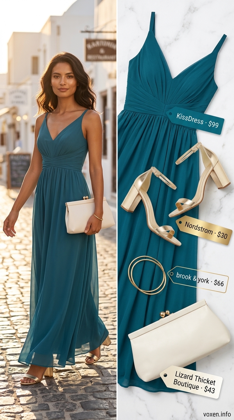 Greek island summer outfits for women 2026: Deep teal maxi dress for sunset cliffside dinner. Romantic and glamorous!