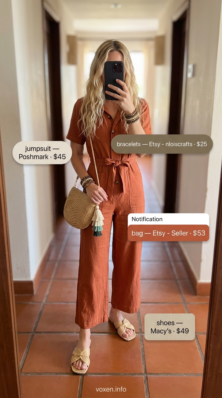 Greek island summer outfits for women 2026: Terracotta wide-leg jumpsuit for Rhodes bohemian rhapsody. Effortless comfort!