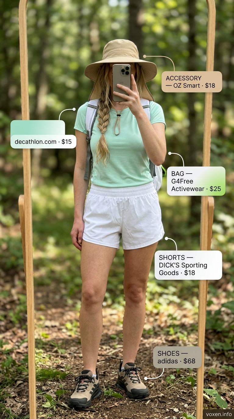 Mint green hiking top and white shorts for alpine meadow hiking outfits for women summer 2026.