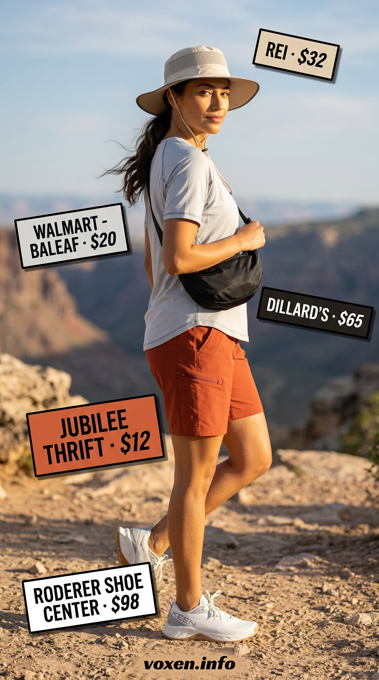 Hiking outfits for women summer 2026: Terracotta shorts, grey tee, white hat, and breathable shoes for canyon hikes.