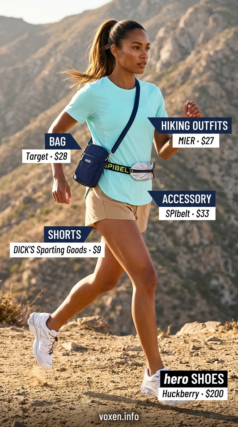 Aqua blue & beige hiking outfits for women summer 2026: UPF shirt, athletic shorts, waterproof shoes for coastal cliffs.