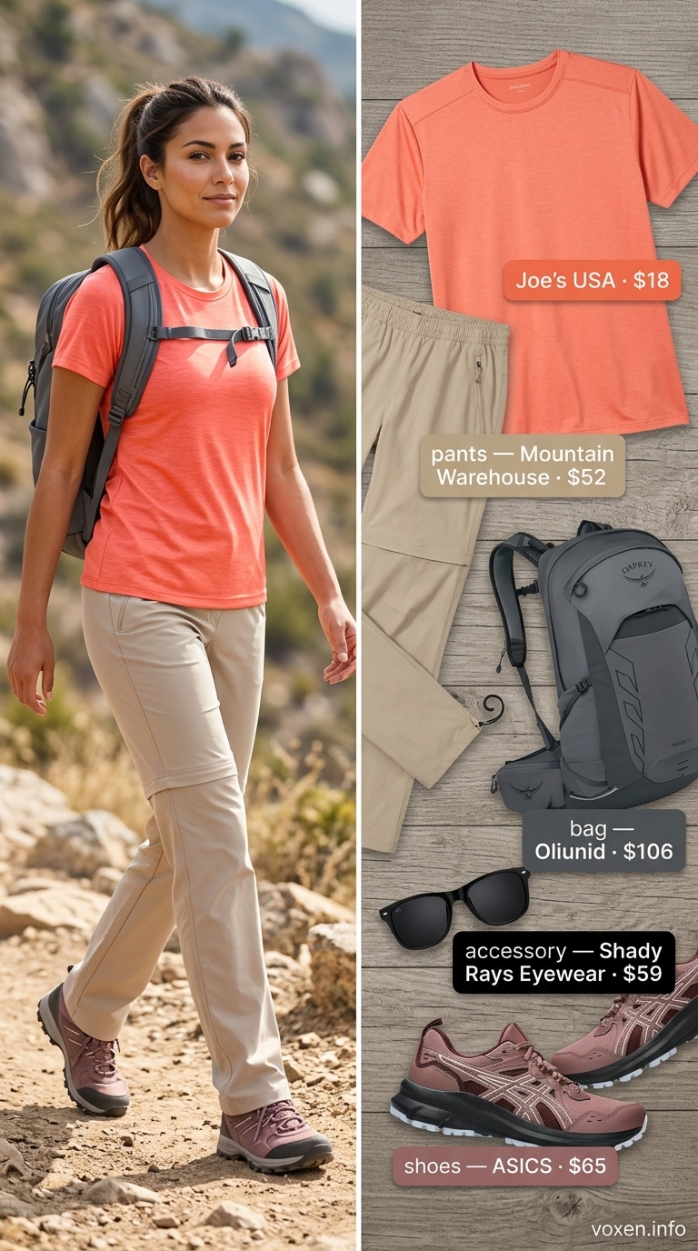 Coral and grey hiking outfits for women summer 2026 with beige convertible pants and trail running shoes.