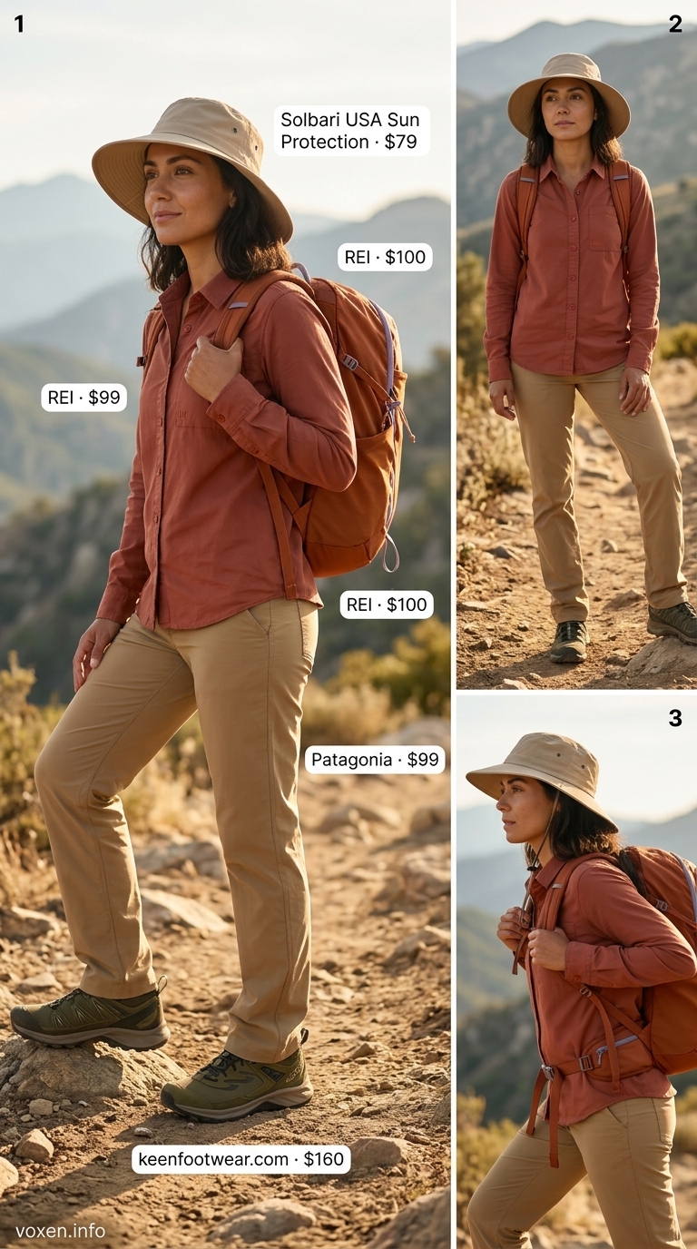 Sandstone hiking pants and terracotta top for desert hiking outfits for women summer 2026.