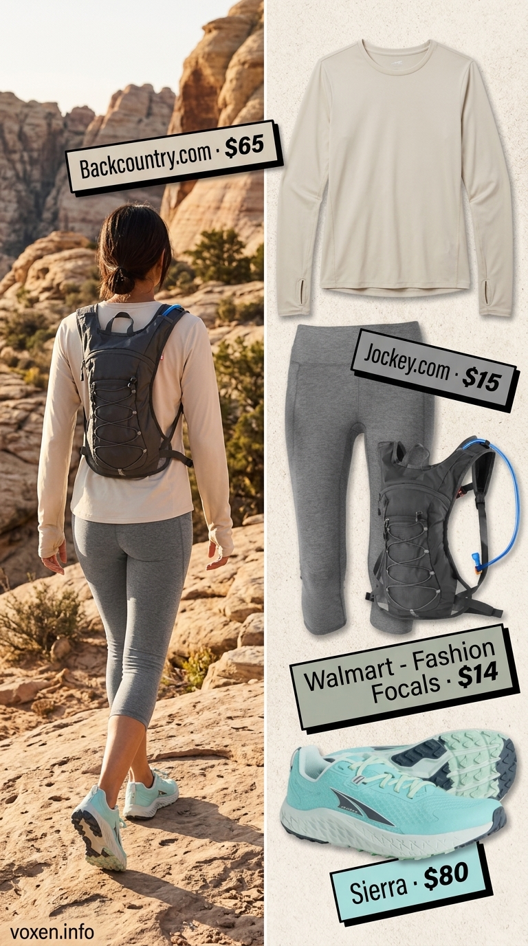 Sandstone & light grey hiking outfits for women summer 2026: sun shirt, leggings, breathable shoes for desert treks.