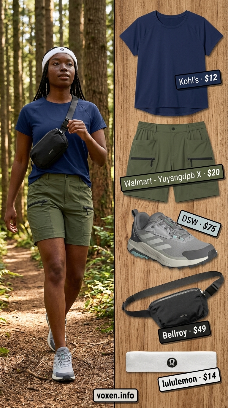 Hiking outfits for women summer 2026: Forest green shorts, navy tee, grey shoes, and waist pack for woodland trails.