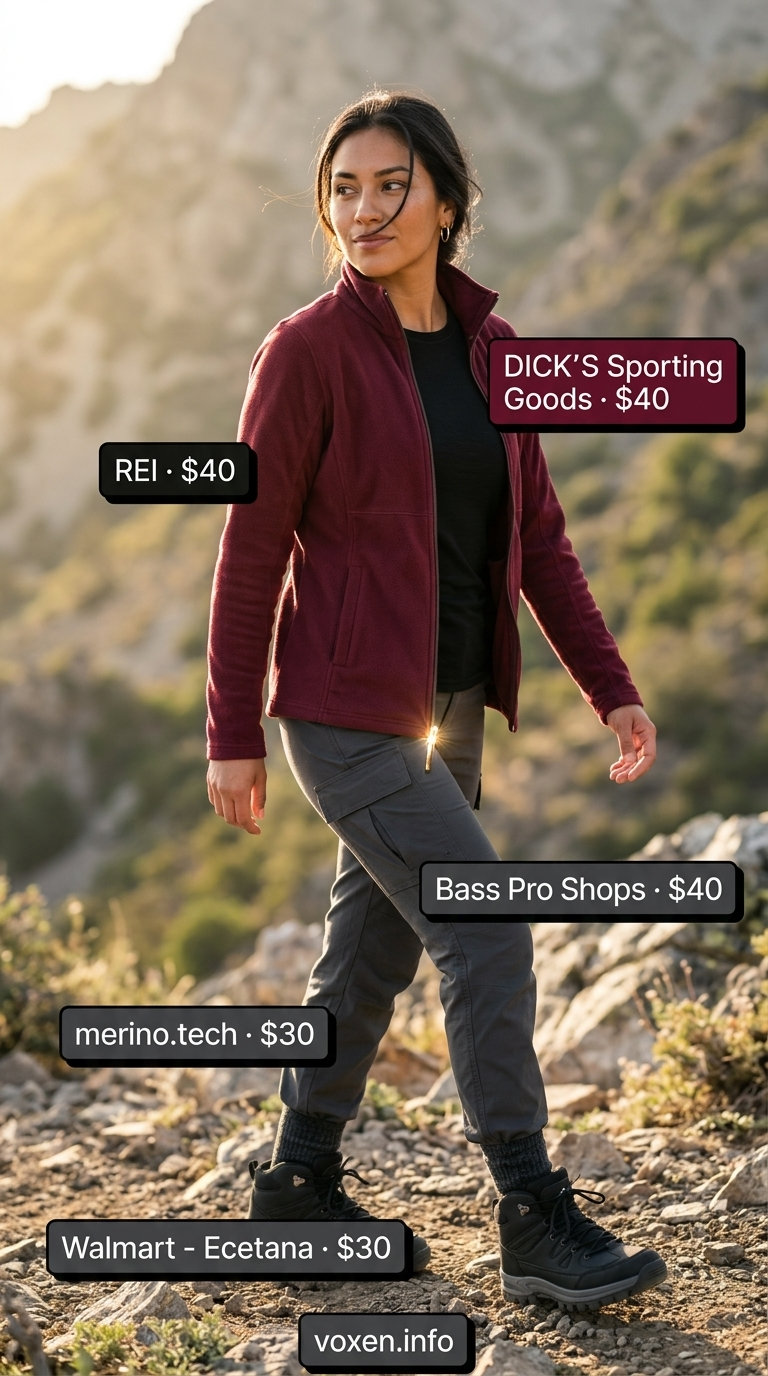 Charcoal grey & burgundy hiking outfits for women summer 2026: fleece jacket, wool socks, waterproof boots for mountain treks.