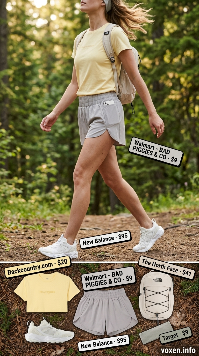 Pale yellow and light grey hiking outfits for women summer 2026 with athletic shorts and trail shoes.