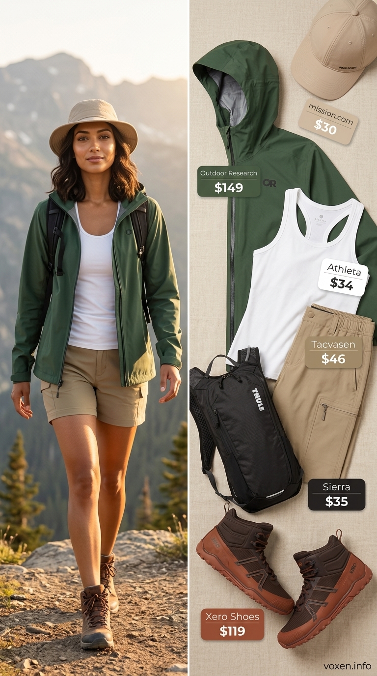 Hiking outfits for women summer 2026: Khaki shorts, green jacket, white tank, brown boots for outdoor adventure.
