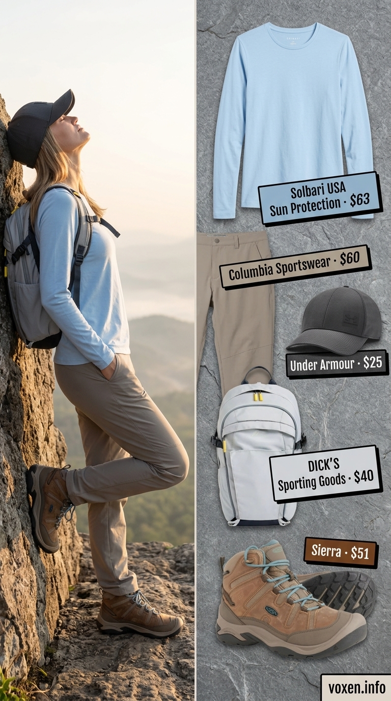 Hiking outfits for women summer 2026: Beige pants, blue sun shirt, brown boots, and grey cap for mountain treks.