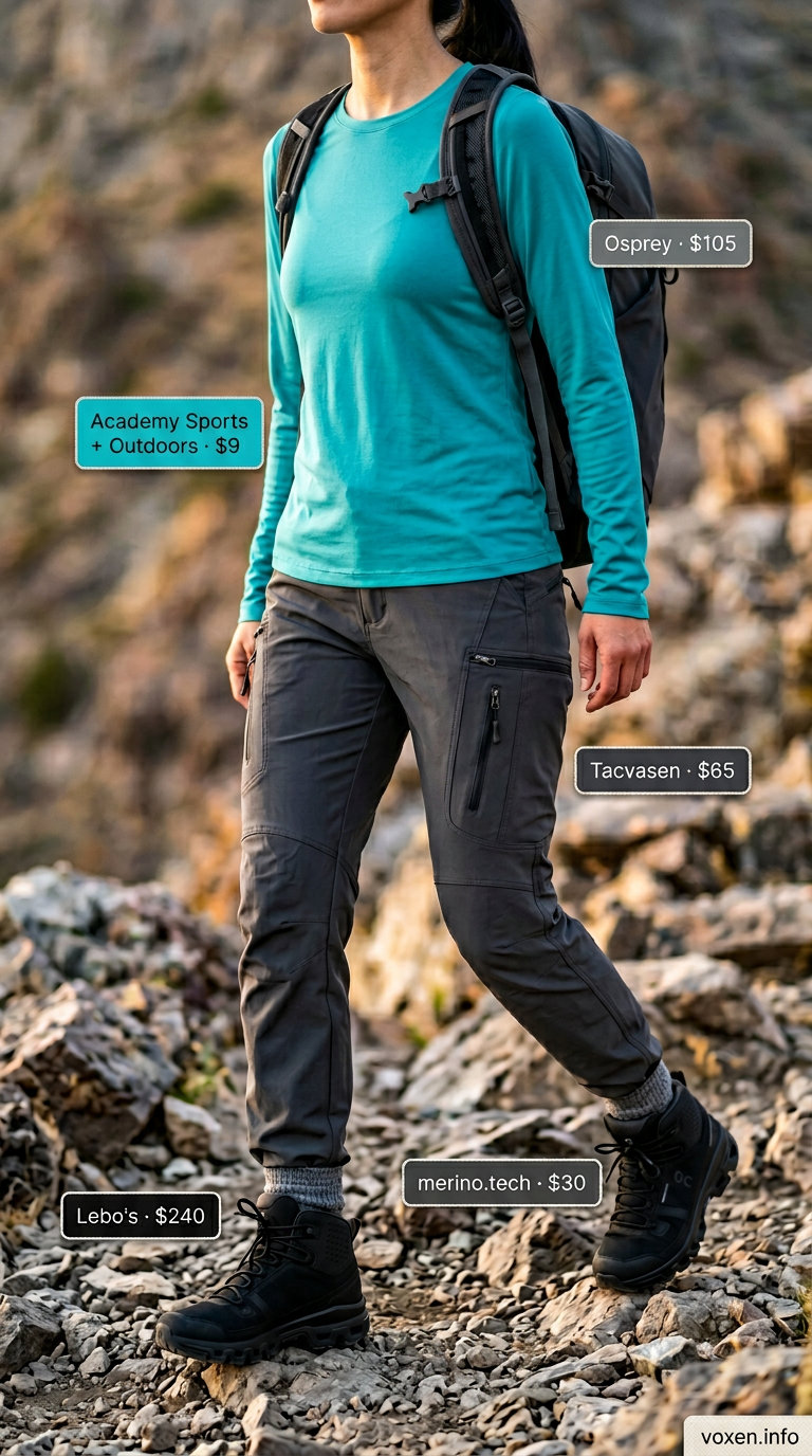 Dark grey & teal hiking outfits for women summer 2026: durable pants, performance top, waterproof boots for summit ascents.