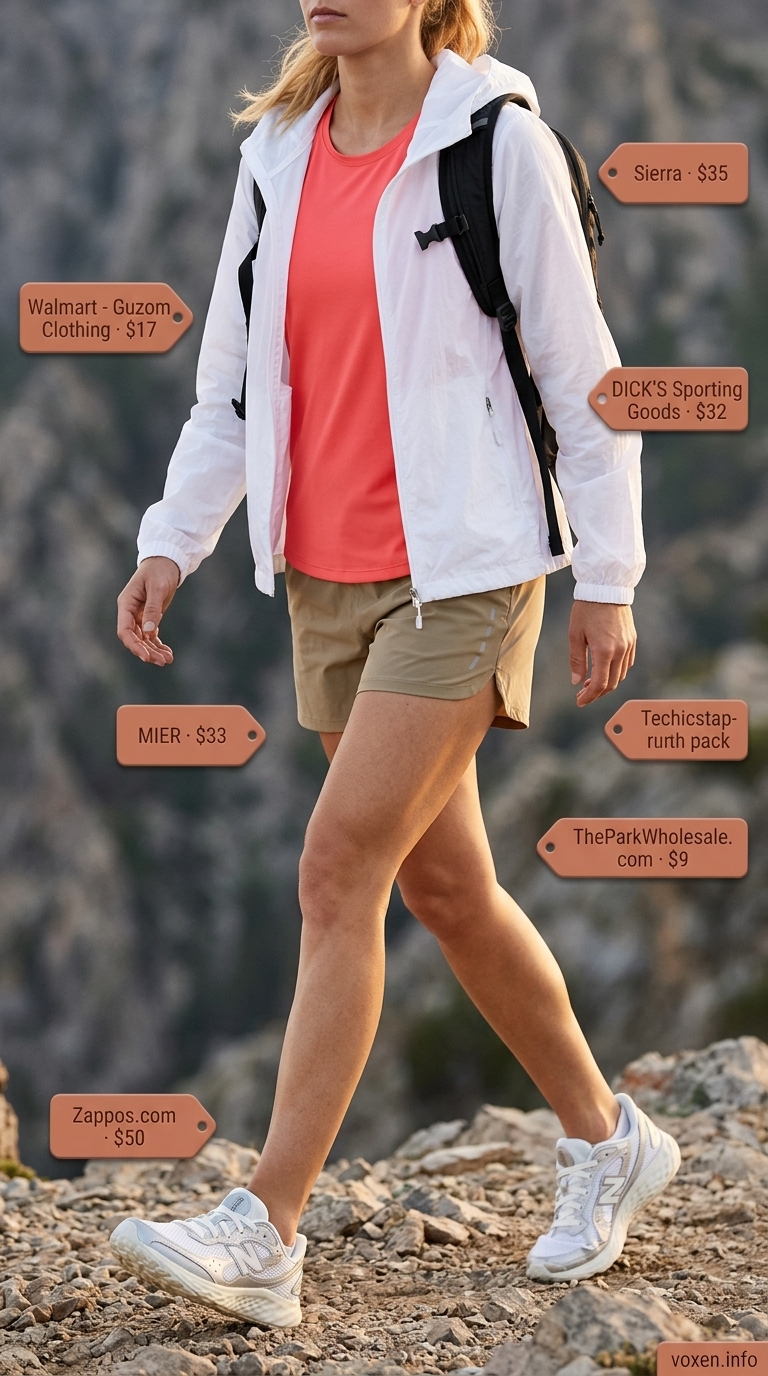 Hiking outfits for women summer 2026: Khaki shorts, coral tank, white windbreaker, silver shoes for trail adventure.