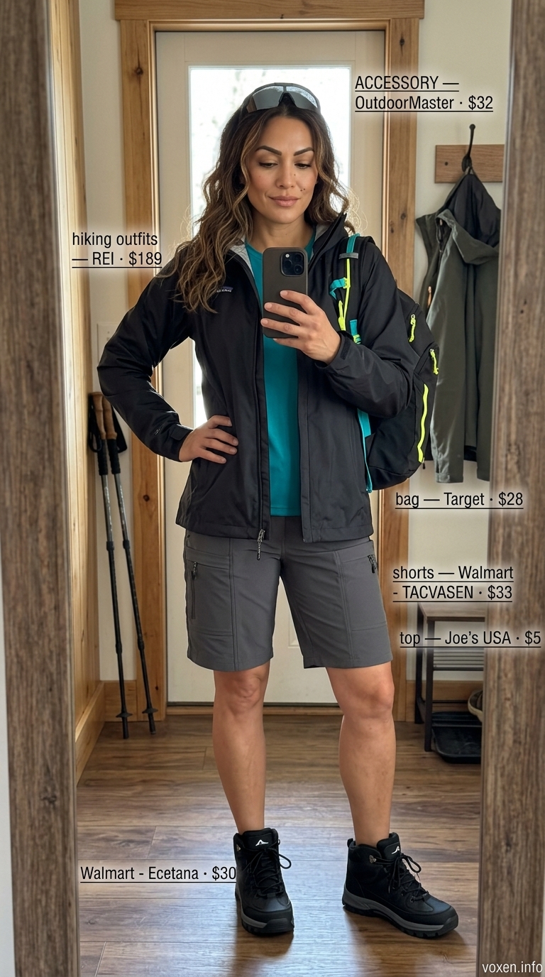 Hiking outfits for women summer 2026: Charcoal shorts, teal tee, black boots, and backpack for rugged outdoor activities.