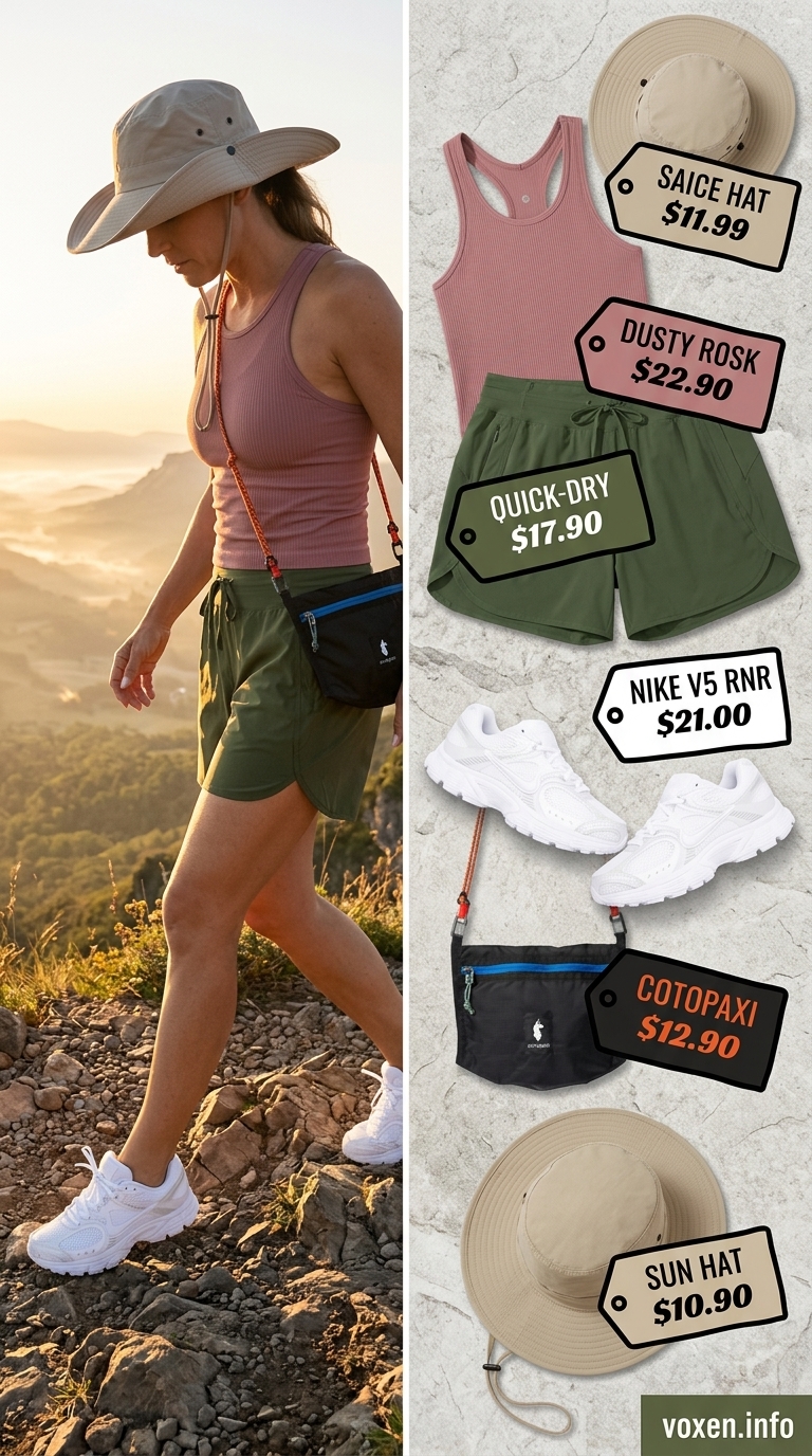 Olive green & coral hiking outfits for women summer 2026: athletic shorts, tank top, trail running shoes, sun hat.