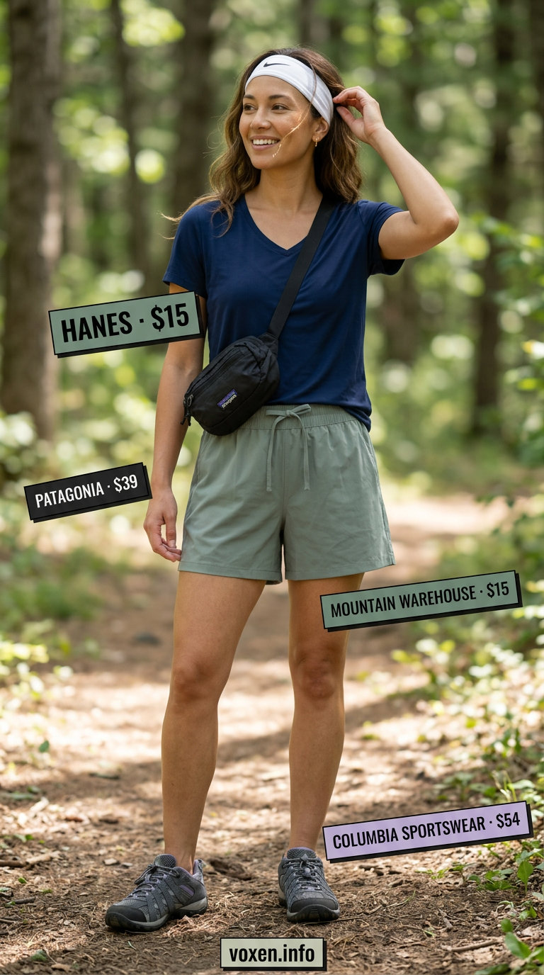 Muted green & navy hiking outfits for women summer 2026: quick-dry shorts, t-shirt, low-cut shoes, waist pack.