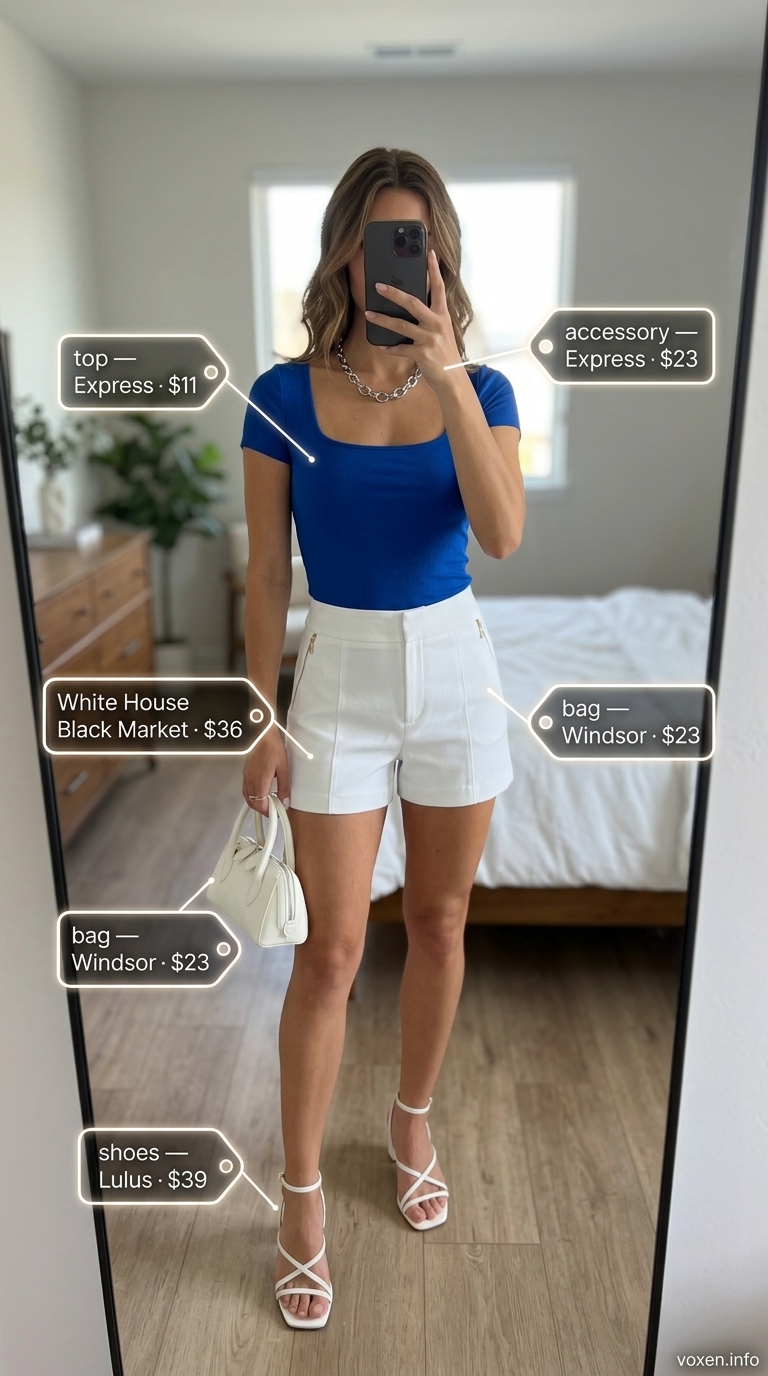 Hot summer heat wave outfits for women 2026: Cobalt blue crop top, white tailored shorts, silver necklace, and mini bag.