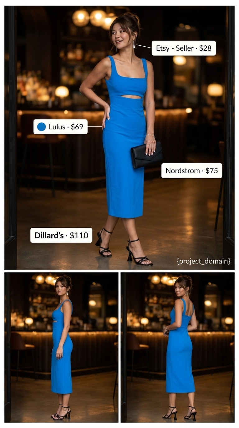 Hot summer heat wave outfits for women 2026: Cobalt blue cut-out midi dress, black clutch, and silver drop earrings for an evening event.