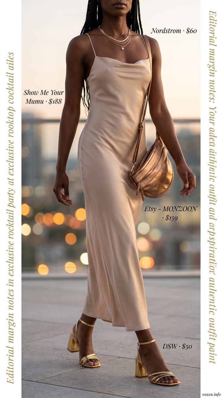 Hot summer heat wave outfits for women 2026: Champagne satin maxi dress, bronze sandals, and layered gold necklaces for evening.