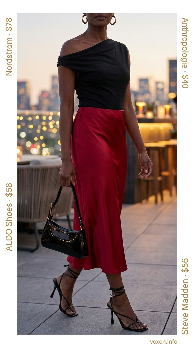 Hot summer heat wave outfits for women 2026: Crimson red maxi skirt, one-shoulder top, black bag, and gold hoops for date night.
