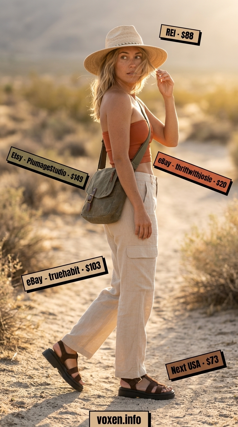 Hot summer heat wave outfits for women 2026: Linen cargo pants, ribbed tube top, straw hat, and sandals for a desert adventure.
