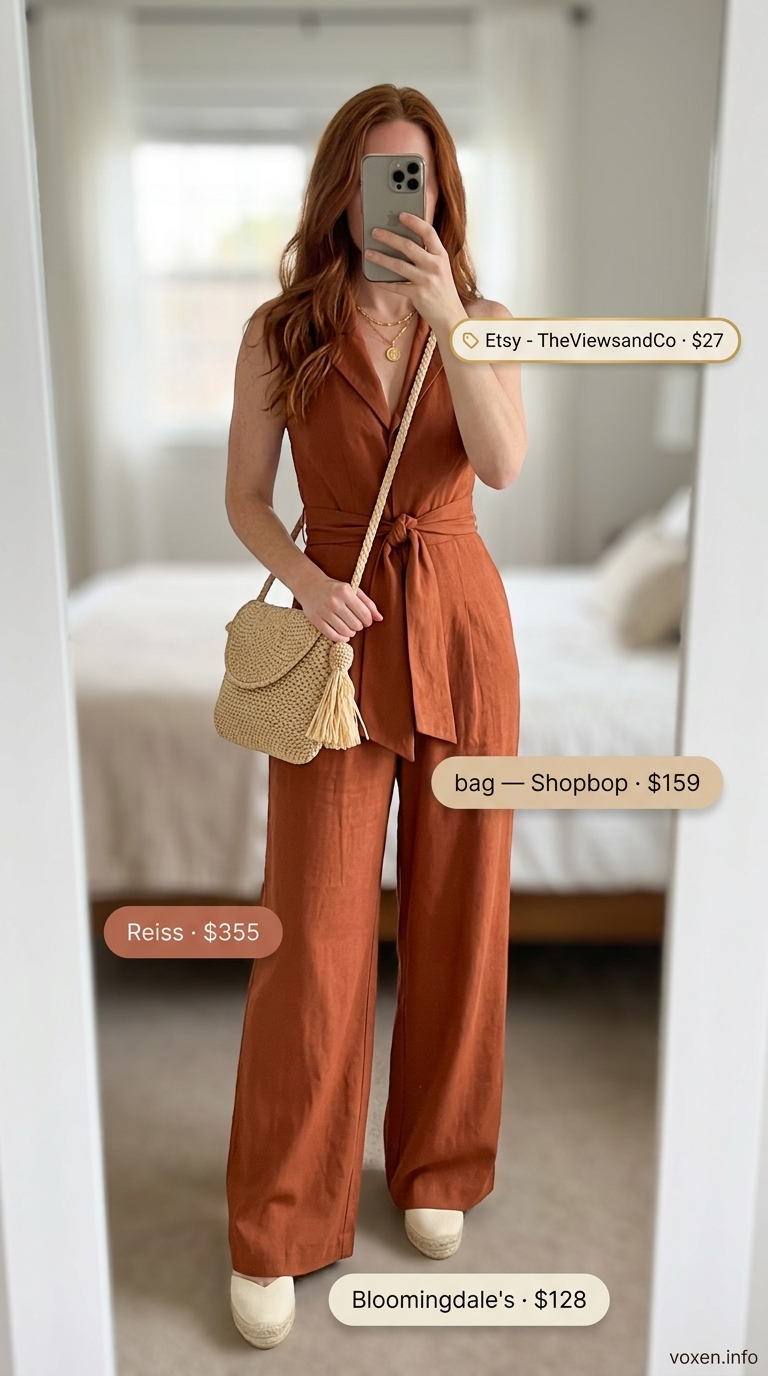 Hot summer heat wave outfits for women 2026: Terracotta linen jumpsuit, espadrilles, straw bag, and layered gold necklaces.