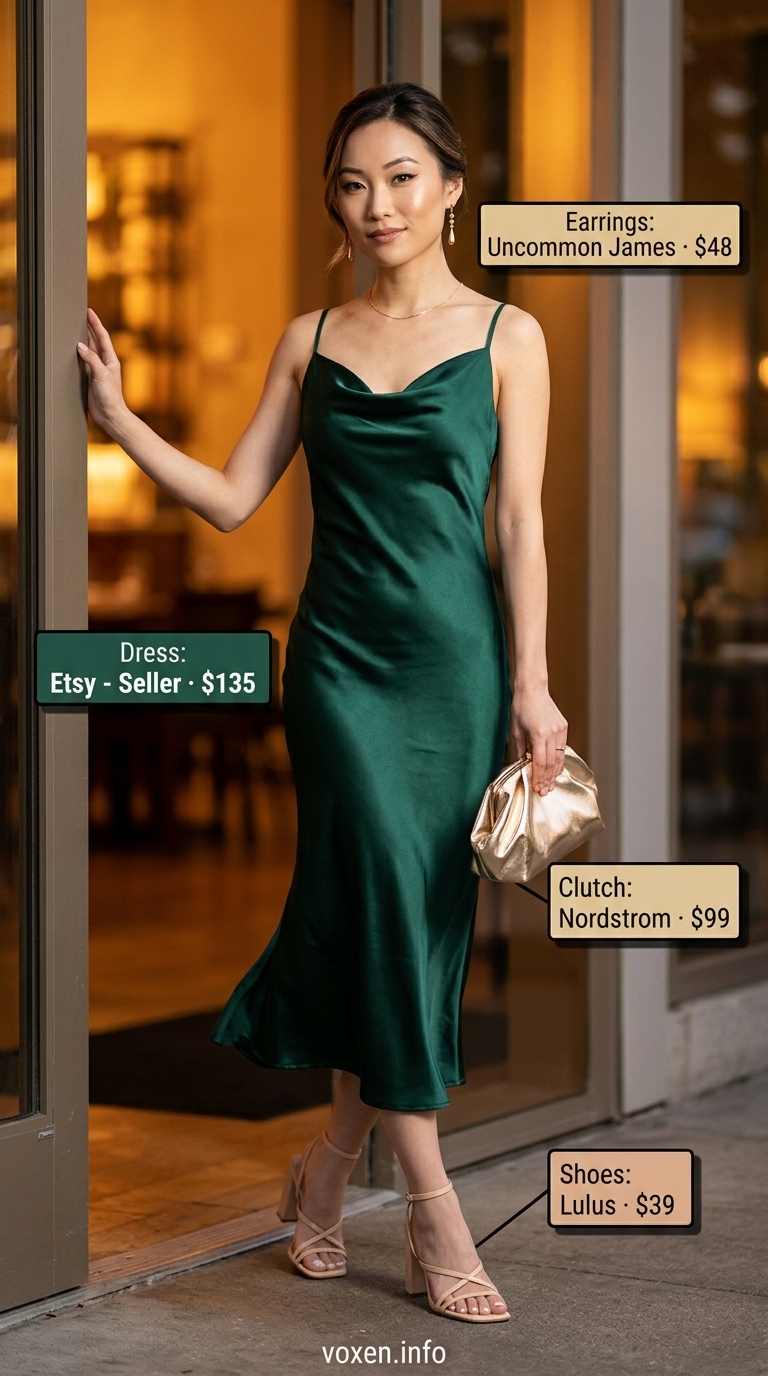 Hot summer heat wave outfits for women 2026: Emerald green slip dress, nude sandals, and gold drop earrings for date night.