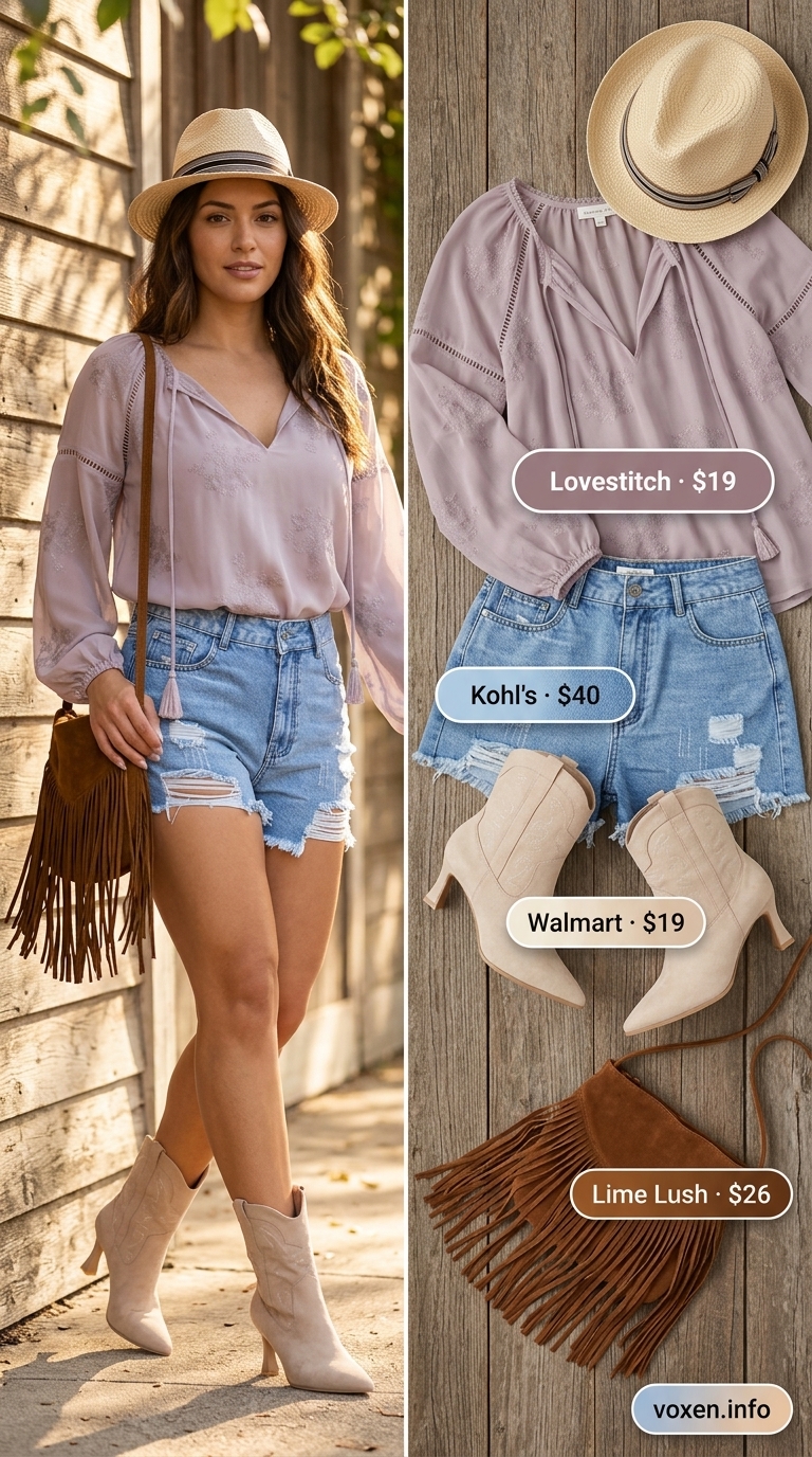 Hot summer heat wave outfits for women 2026: Denim shorts, blush chiffon blouse, western boots, straw hat, and fringe bag for festivals.