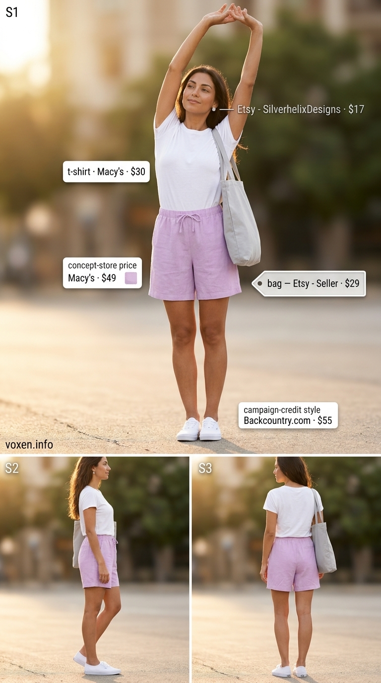 Hot summer heat wave outfits for women 2026: Lavender shorts, white tank, sneakers for a fresh casual day.
