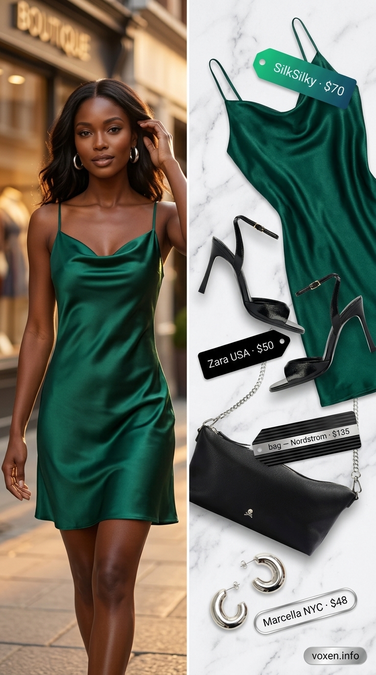 Hot summer heat wave outfits for women 2026: Deep teal silk slip dress, silver earrings, black bag and heels for date night.