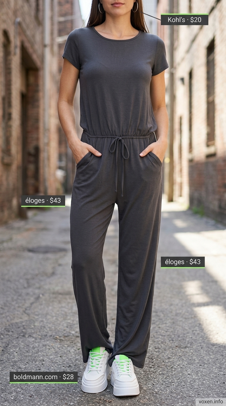 Hot summer heat wave outfits for women 2026: Charcoal utility jumpsuit, neon green bag, and chunky platform sneakers.