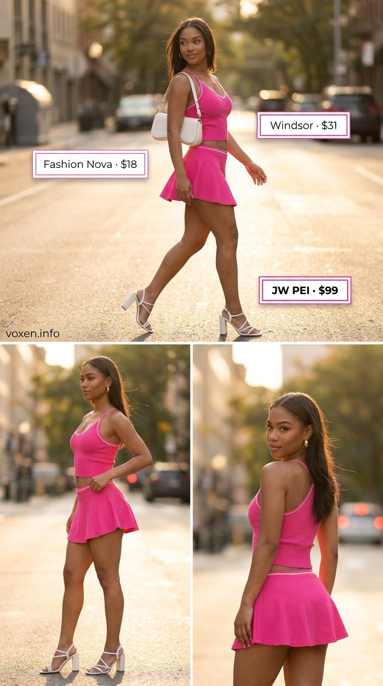 Hot summer heat wave outfits for women 2026: Hot pink knit set, white sandals, gold hoops, and white bag for girls' night out.