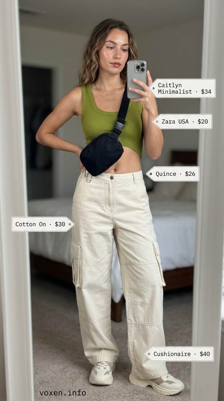 Hot summer heat wave outfits for women 2026: Olive green cargo pants, cream crop top, platform sneakers, and gold necklace for casual day out.