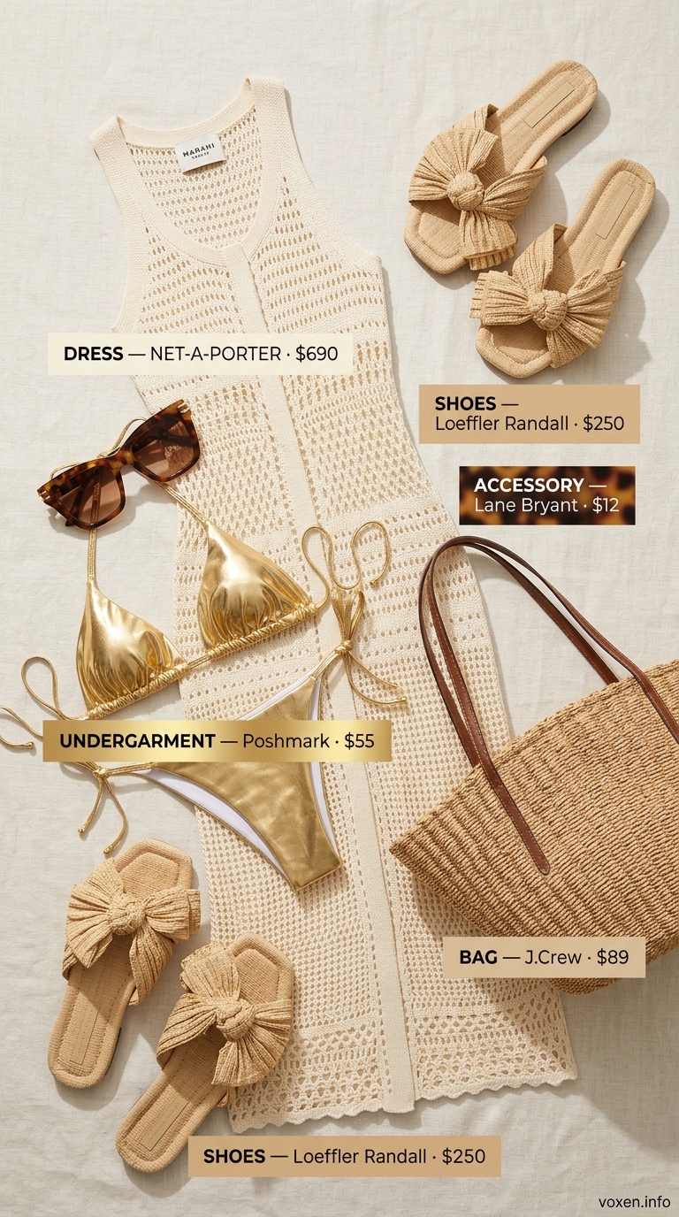 Hot summer heat wave outfits for women 2026: Cream sheer knit dress, gold bikini, tan sandals for a dreamy beach resort look.