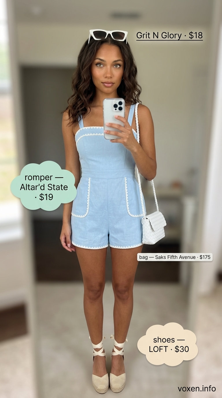 Hot summer heat wave outfits for women 2026: Sky blue romper, white espadrilles, cat-eye sunglasses for a flirty daytime date.