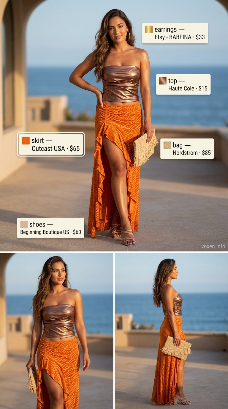 Hot summer heat wave outfits for women 2026: Sunset orange maxi skirt, bronze bandeau top, gold hoops, and raffia clutch for vacation dinner.