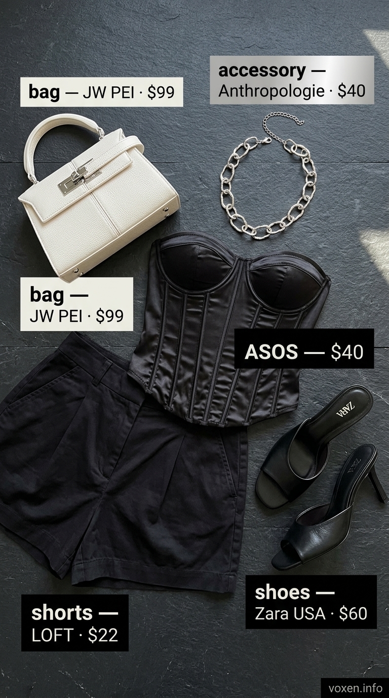 Hot summer heat wave outfits for women 2026: Black corset top, tailored shorts, silver necklace, and white bag for an edgy look.